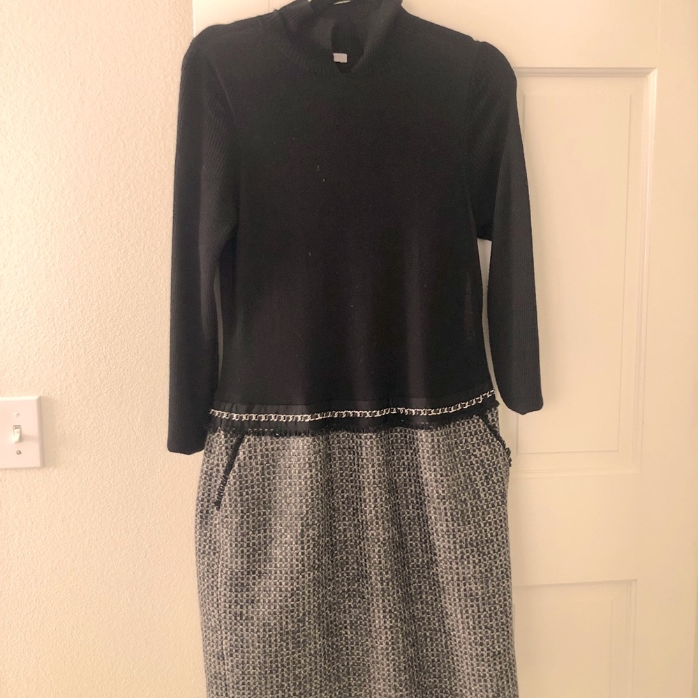 Black ribbed w attached skirt and belt dress